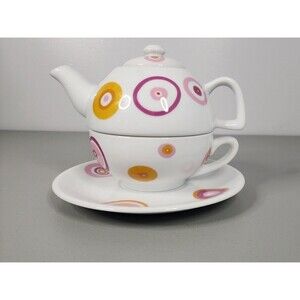Tea Set For One Daisy Dog Studio New York City Porcelain Multicolor Circle EUC